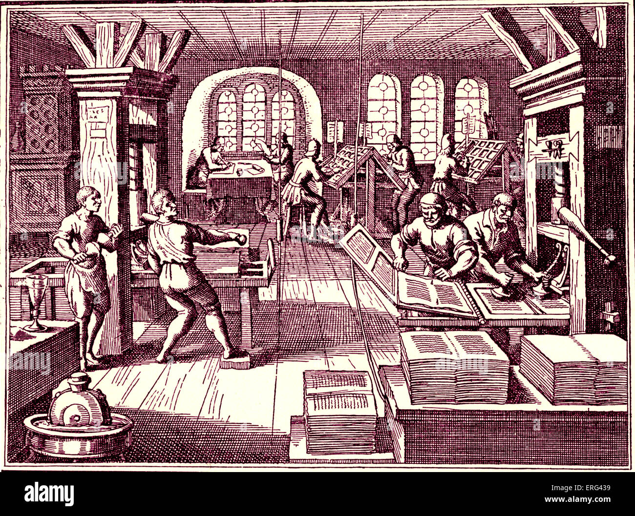 All'interno di una stampante 's shop. Incisione da Gottfried 'cronaca storica", Francoforte 1619. Versione oscurata. Foto Stock