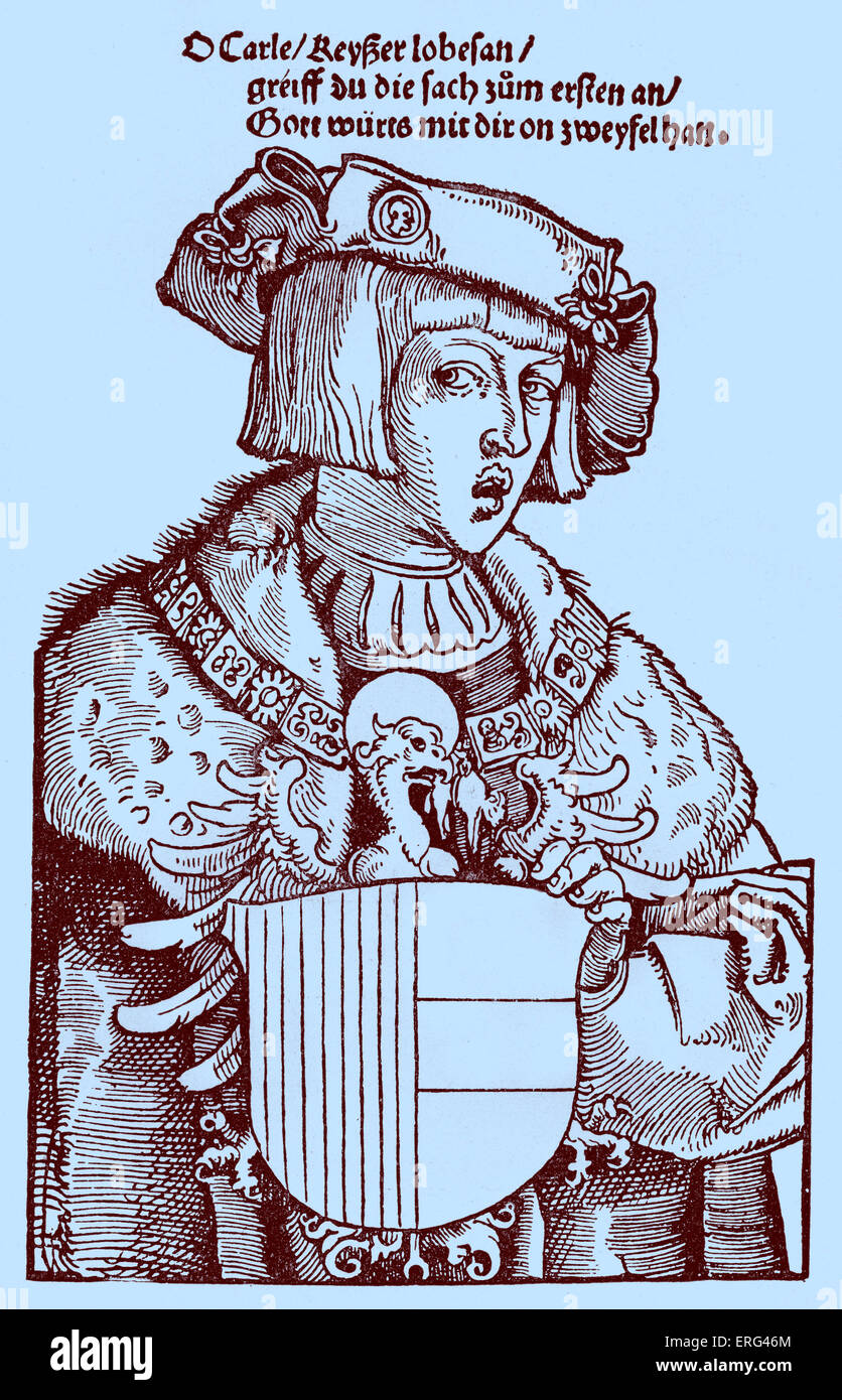 Carlo V come una gioventù. Carlo V imperatore del Sacro Romano Impero 24 Febbraio 1500 - 21 settembre 1558. Xilografia contemporanea. Versione oscurata. Foto Stock