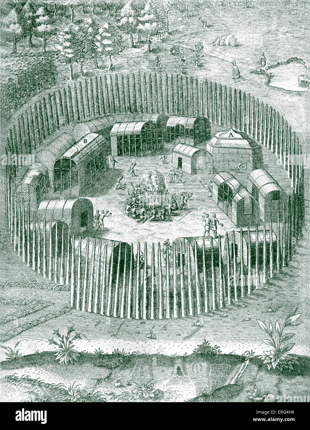 American aborigeni villaggio indiano in Virginia. " Relazione della nuova terra scoperta della Virginia." 1590. Pubblicato Frankfurt Foto Stock