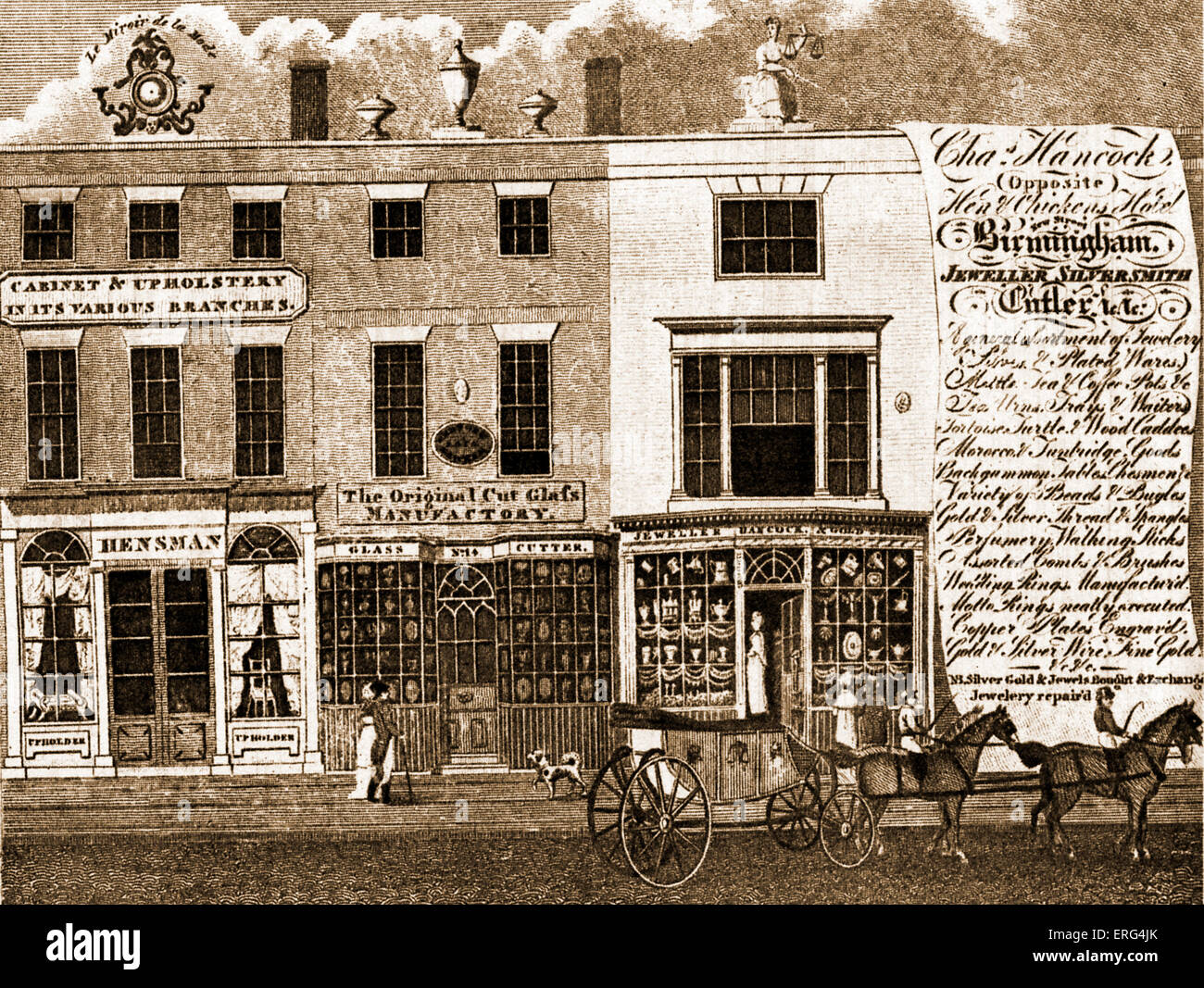 Xix secolo la pubblicità per un vetro di Birmingham shop denominato 'Hancock's". Negozio di sinistra è tappezziere. Foto Stock