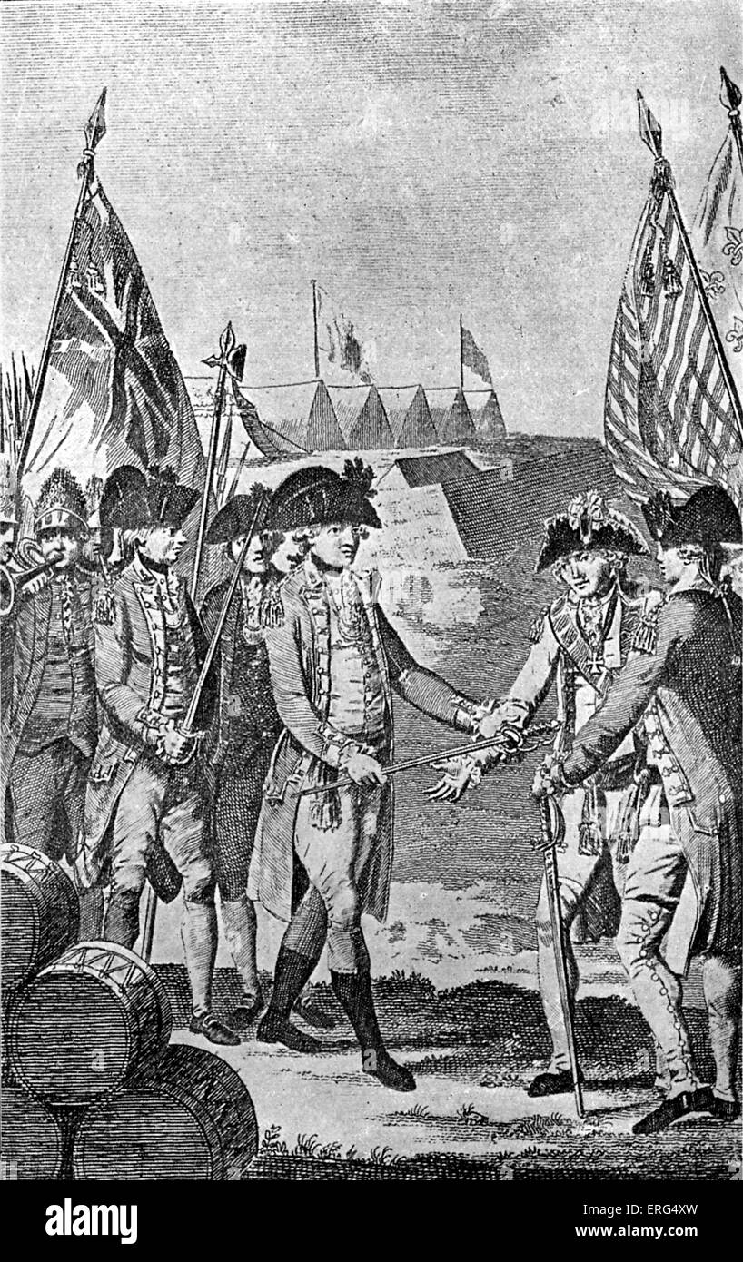La rinuncia di Lord Cornwallis a Yorktown. Da Barnard "Storia dell'Inghilterra", 1790. Foto Stock