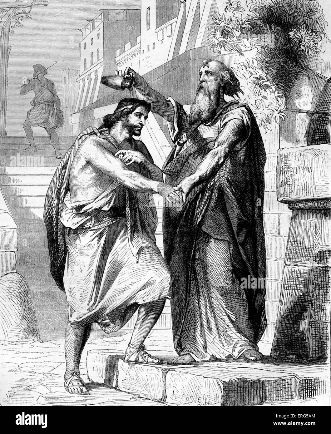Samuel unzione Saul - La Bibbia, Samuel X, 1: ' Allora Samuele prese un vasetto d'olio e lo versò sul suo capo e lo baciò e Foto Stock