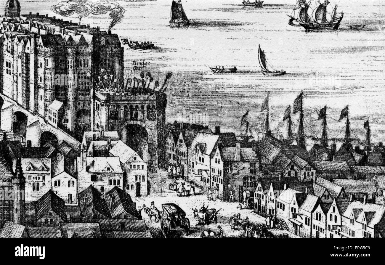 Il Southwark fine del vecchio ponte di Londra nel 1616. Dettaglio da una incisione da Visscher J. Foto Stock
