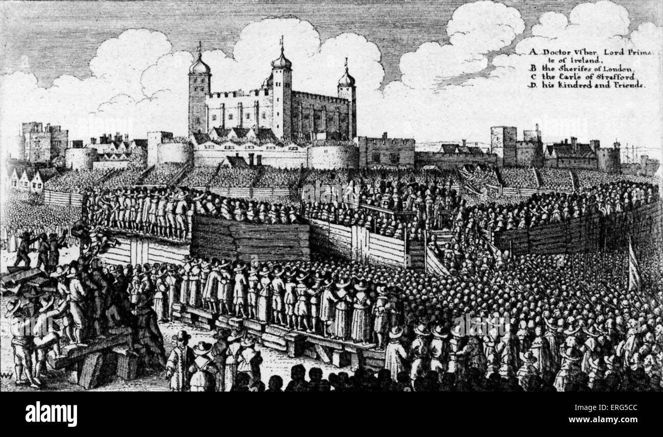 Il vero modo di esecuzione di Thomas Earle di Stratfford su Tower Hill 12 maggio 1641 '. Thomas Wentworth, (13 Aprile 1593 - 12 Maggio 1641) servita in Parlamento ed è stato un sostenitore del re Carlo I che successivamente hanno firmato la condanna a morte e Wentworth è stato eseguito. Incisione di W Hollar 1607 - 1677. Foto Stock