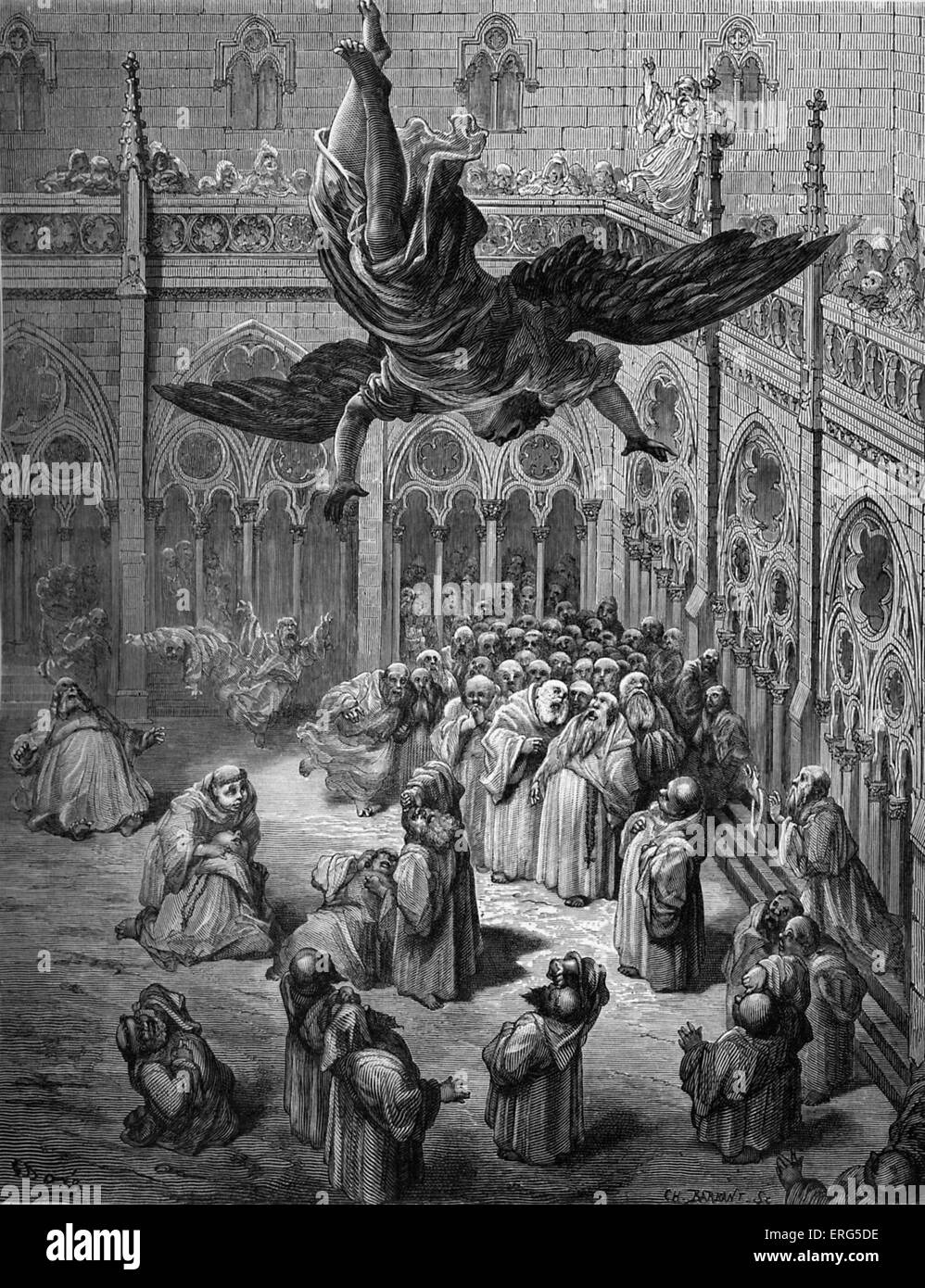 ' Orlando Furioso ' da Ludovico Ariosto, illustrator Gustave Doré (1832-1883). La didascalia recita, ' L'Angelo Michele piomba nel Foto Stock