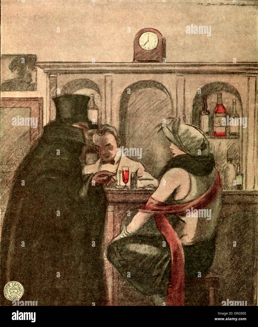 Pubblicità per il bitter Campari, 1928. L uomo e la donna al bar gustando un drink. 1920s. Foto Stock