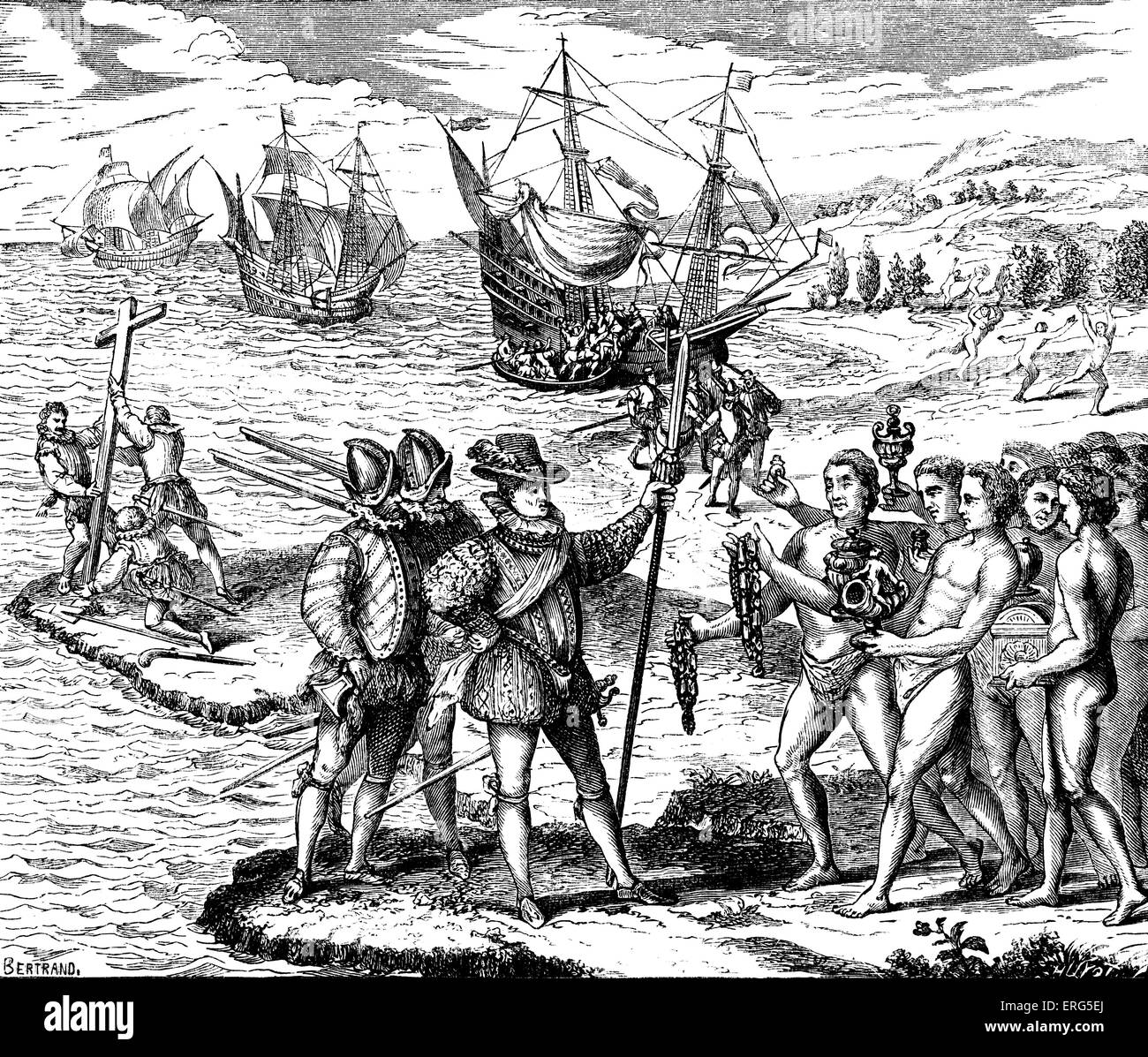 Christopher Columbus mette piede sul suolo americano per la prima volta soddisfatte dalla popolazione indigena (diffusione di Foto Stock