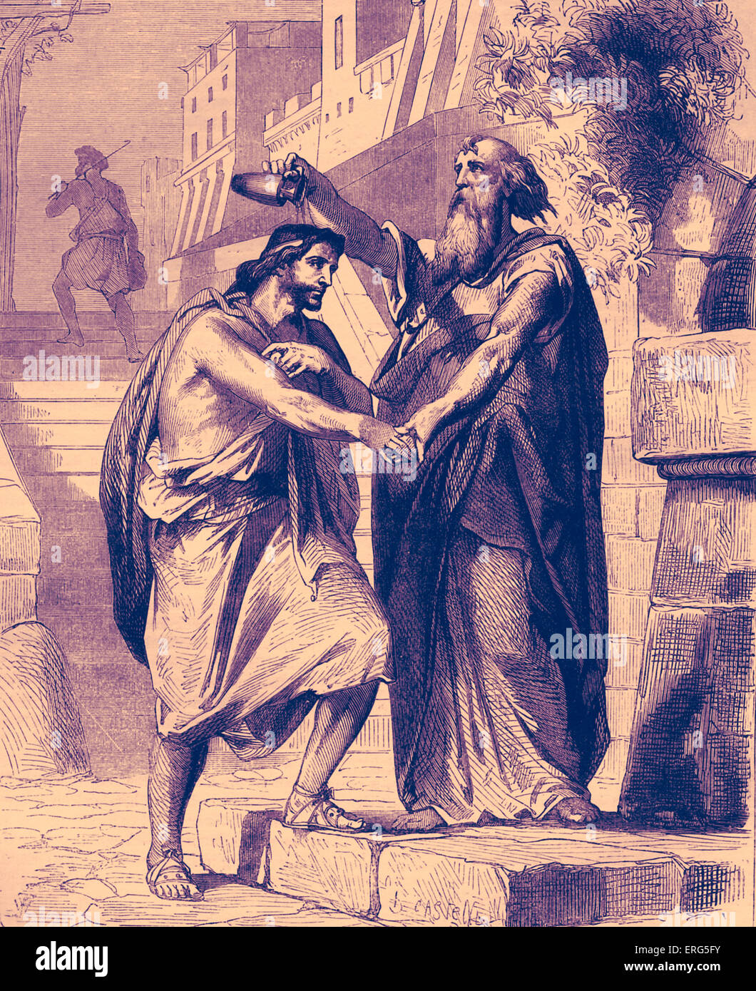 Samuel unzione Saul - La Bibbia, Samuel X, 1: ' Allora Samuele prese un vasetto d'olio e lo versò sul suo capo e lo baciò e Foto Stock