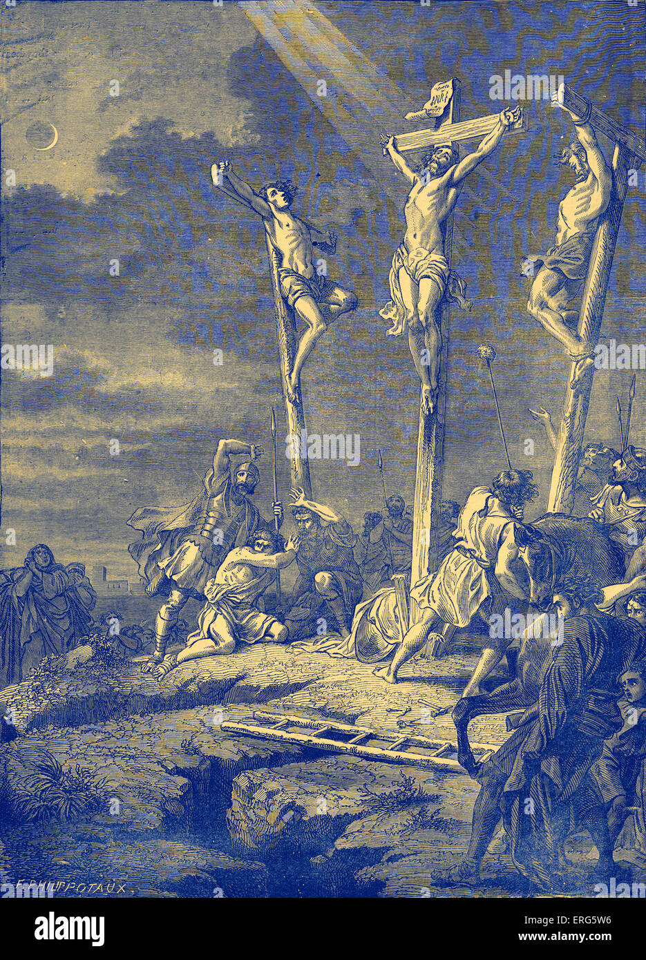 La crocifissione di Gesù Cristo, Matteo XXVII. Da Cassell illustrata della Bibbia in famiglia. Incisione di F. Philippotaux. Azzurrato Foto Stock