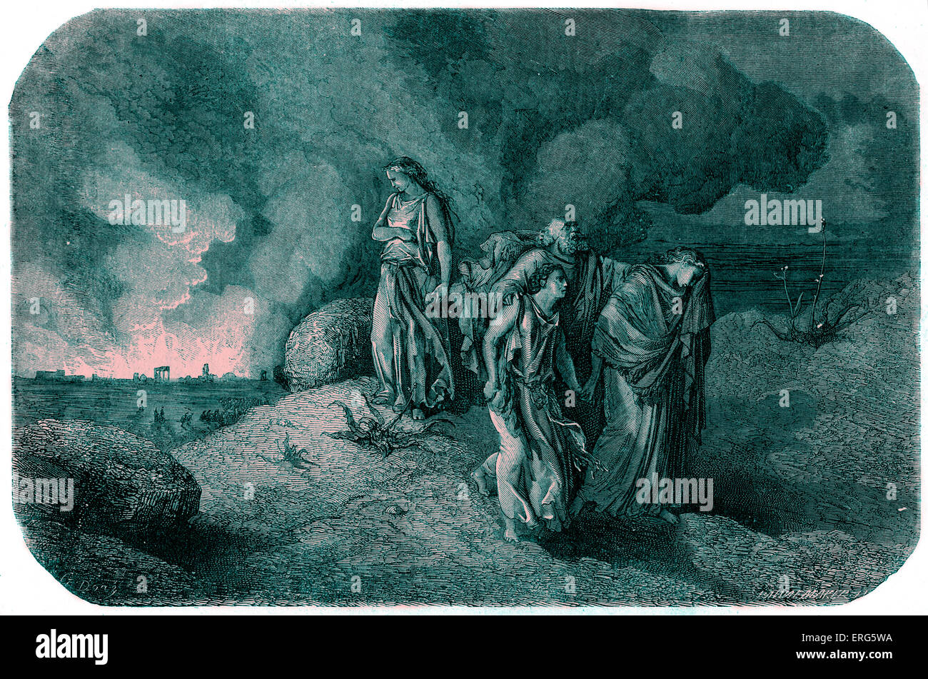 Distruzione di Sodoma e di Gomorra zolfo e fuoco. Lot e la sua famiglia sono risparmiati, ma sua moglie, girare la testa indietro, Foto Stock