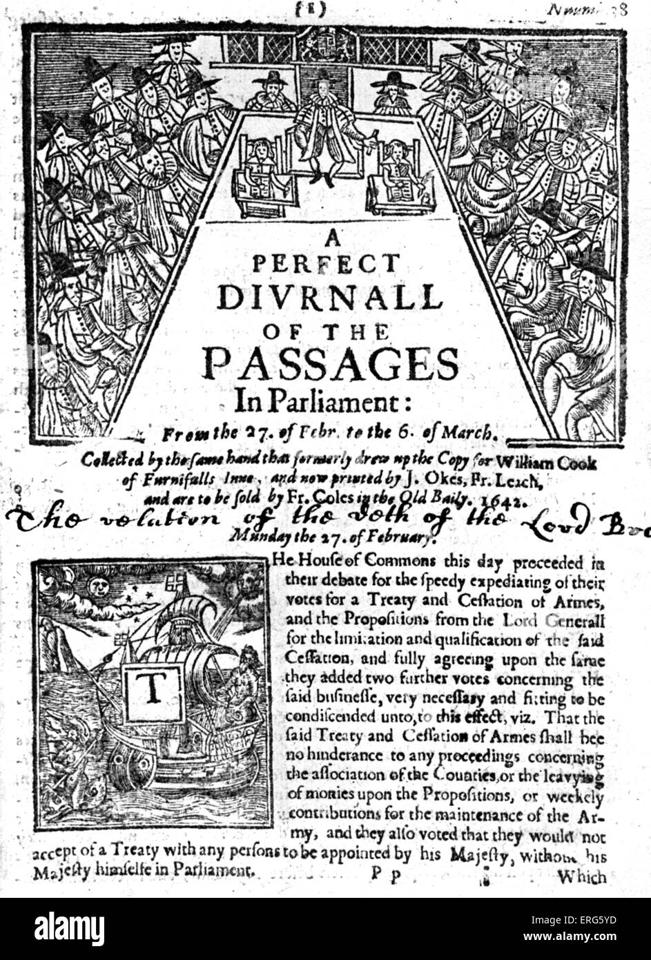 Un perfetto diurno dei passaggi in Parlamento - Pagina anteriore, febbraio 1642. Quotidiano inglese. Foto Stock