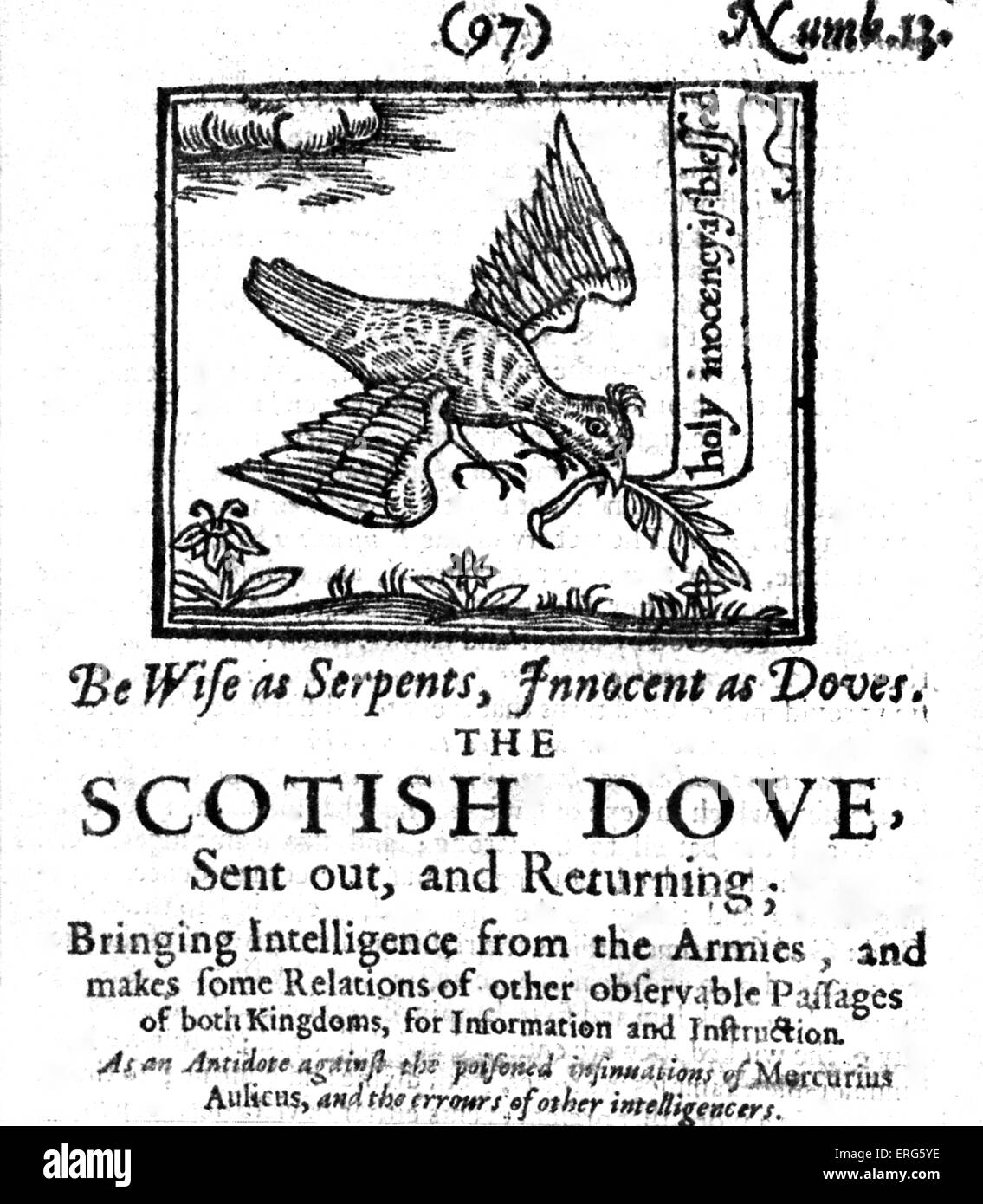 ' La Colomba Scotish - Inviato fuori e ritorno; portando l'intelligenza da eserciti '. Gennaio 1643. Giornale scozzese. Foto Stock