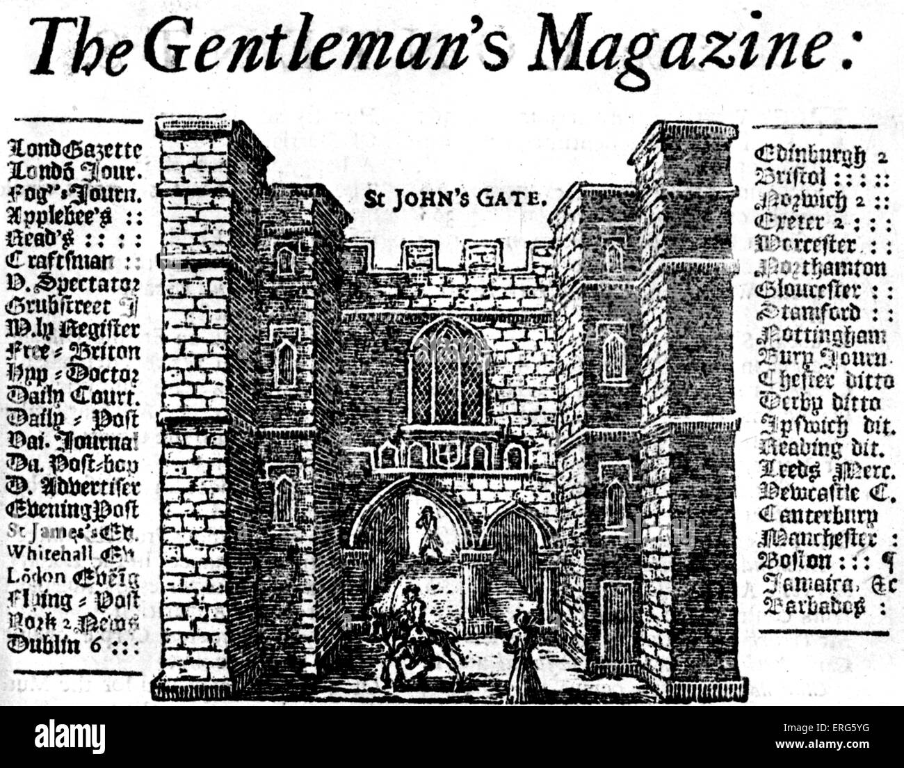 Il Gentiluomo 's Magazine, Vol I, 1731. Dettagli dalla pagina anteriore: St John's Gate. Foto Stock