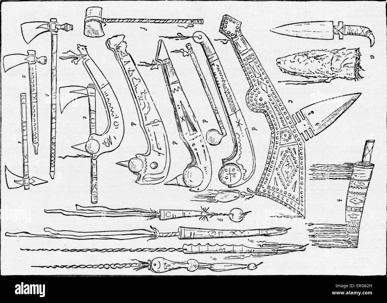 Native American armi, pubblicato nel 1887. Si immagini molte armi, compresi tomahawks, calcio club e pugnali. Foto Stock