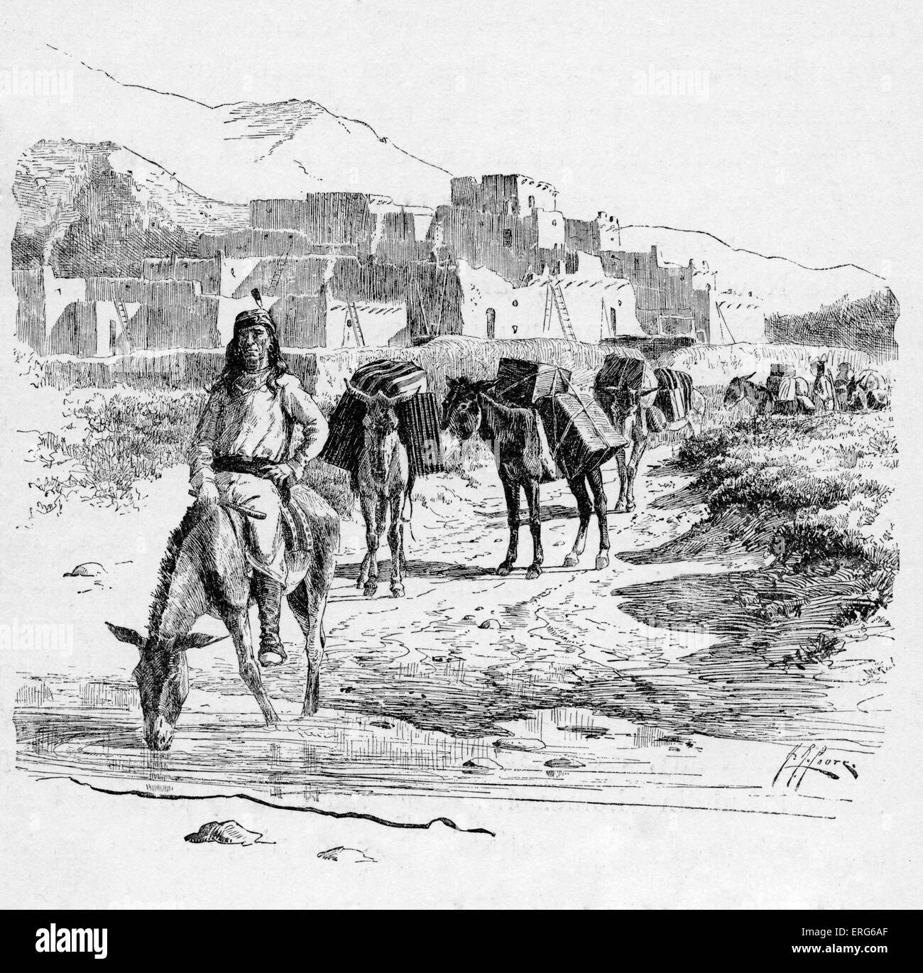 Pack treno in partenza un Pueblo. Native American europee spesso sofferto sotto la legislazione coloniale, costringendoli a lasciare la loro Foto Stock