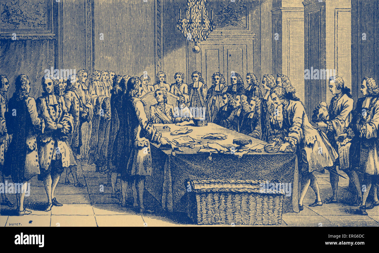 Louis XV, Re di Francia, che mantiene la tenuta in persona, per la prima volta, marzo 1757. Simbolo del potere politico sulla Foto Stock