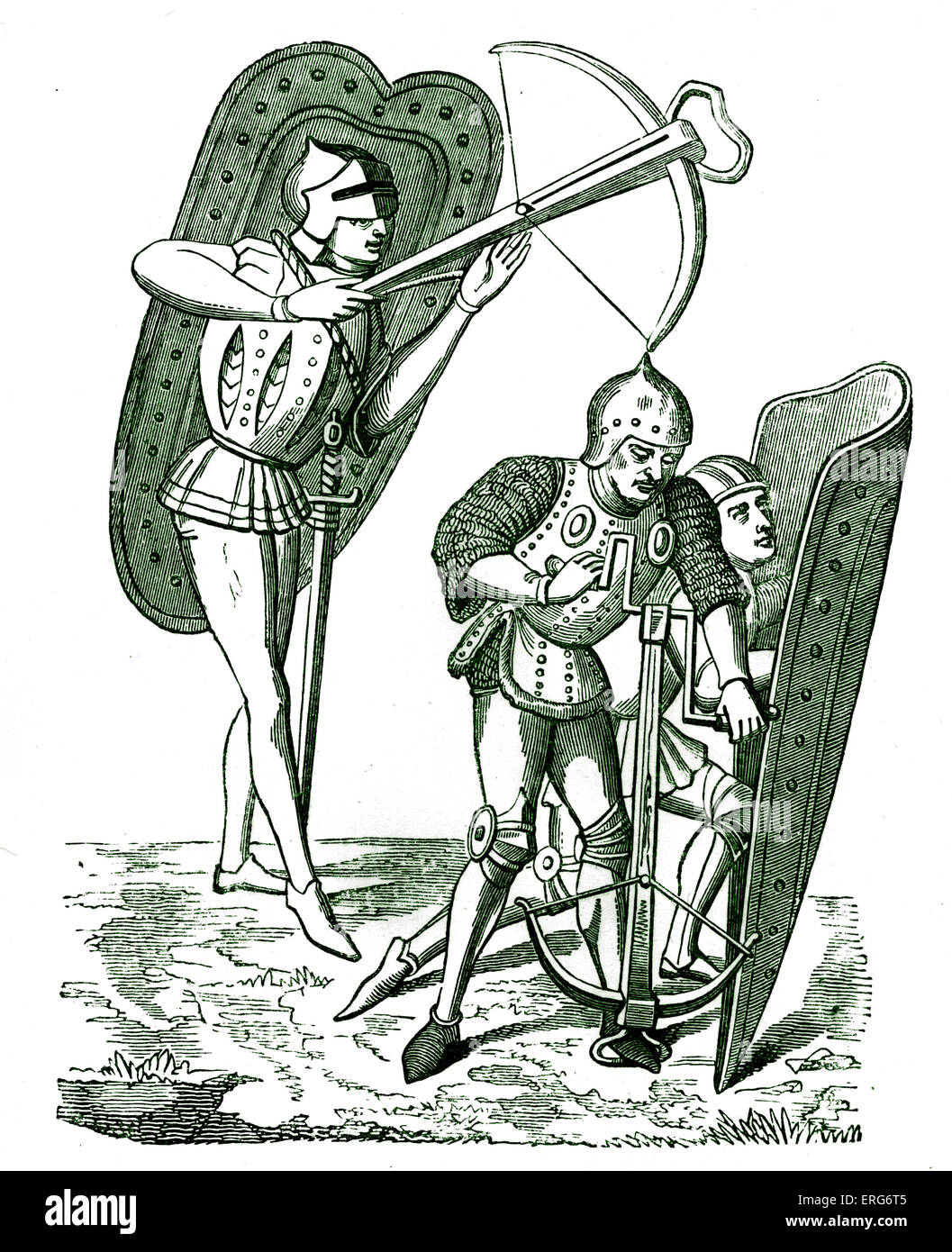 Crossbow uomini, essendo protetto da scudo-bearer. Riprodotto da una miniatura di un quindicesimo secolo manoscritto di Froissart's Foto Stock