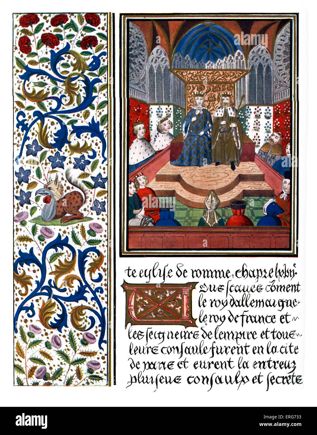 Pagina miniata, con bordatura, raffiguranti Venceslao IV, re di Boemia e Carlo VI Re di Francia, seduta in consiglio Foto Stock