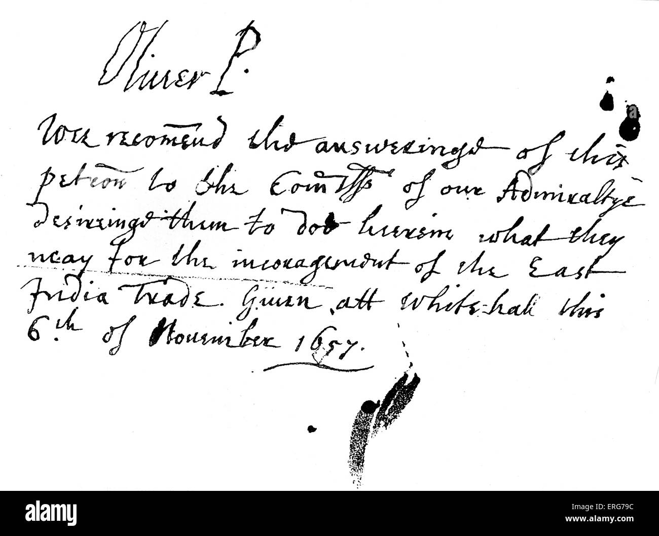 Nota autografa di Oliver Cromwell a una petizione della East India Company, dato a Whitehall il 6 novembre, 1657. Inglese Foto Stock