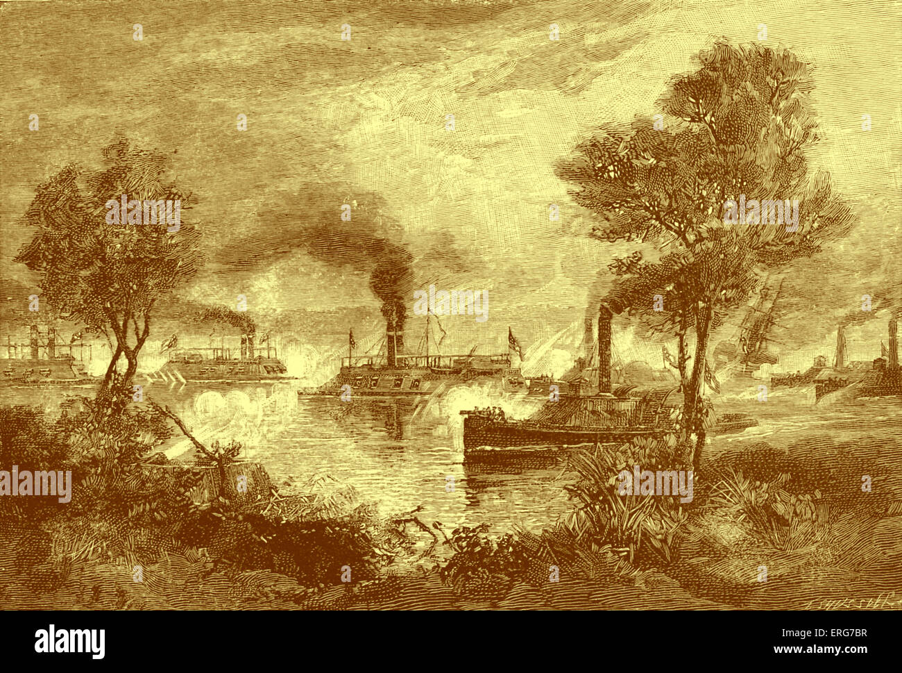 La battaglia di prugna punto piegare o la battaglia navale di Fort cuscino sul 10 maggio, 1862. La guerra civile americana. Da l-r, le navi sono Foto Stock