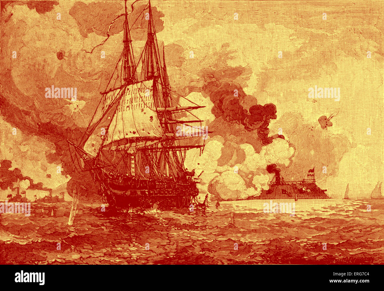 CSS Virginia guida Congresso USS dal suo ancoraggio durante la Battaglia di Hampton Roads il 8 marzo, 1862. La guerra civile americana. Foto Stock