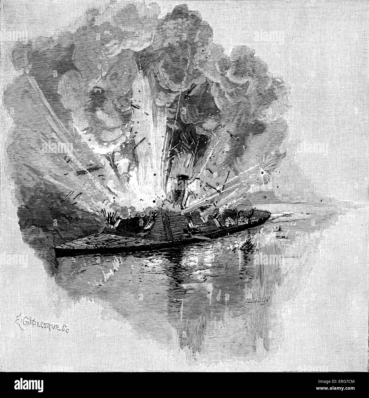 Distruzione del CSS Arkansas alla battaglia di Baton Rouge il 5 agosto, 1862, durante la Guerra Civile americana da J O Davidson. CSS Foto Stock