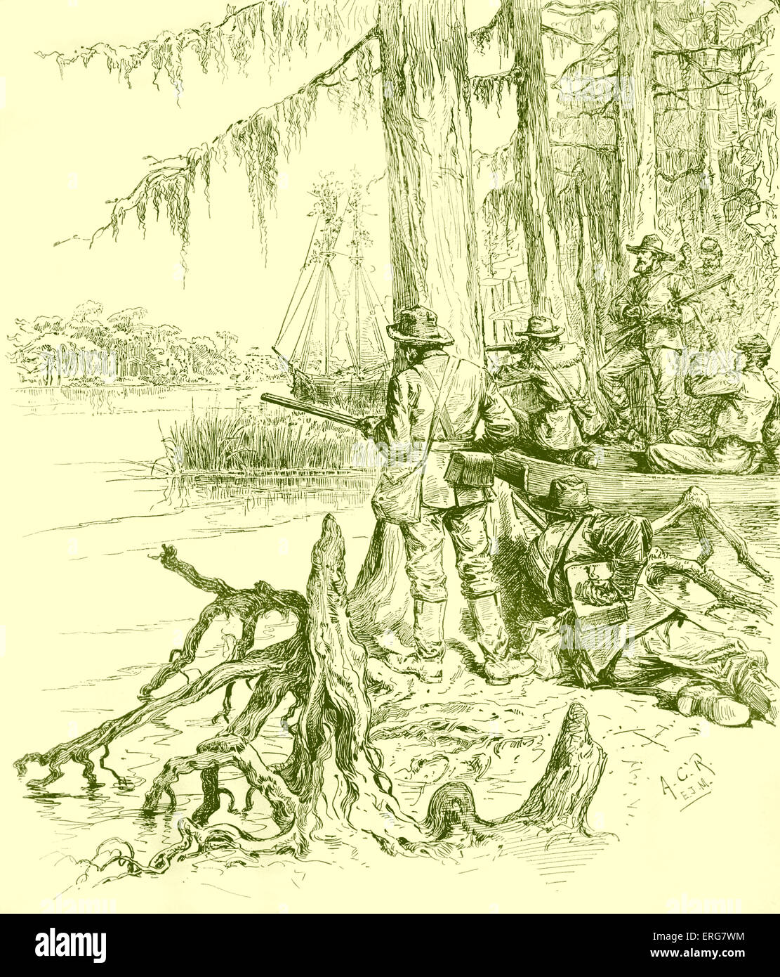 La guerra civile americana - sharp confederato -tiratori e cacciatori di palude in apertura del basso Mississippi, sul punto di attacco Foto Stock