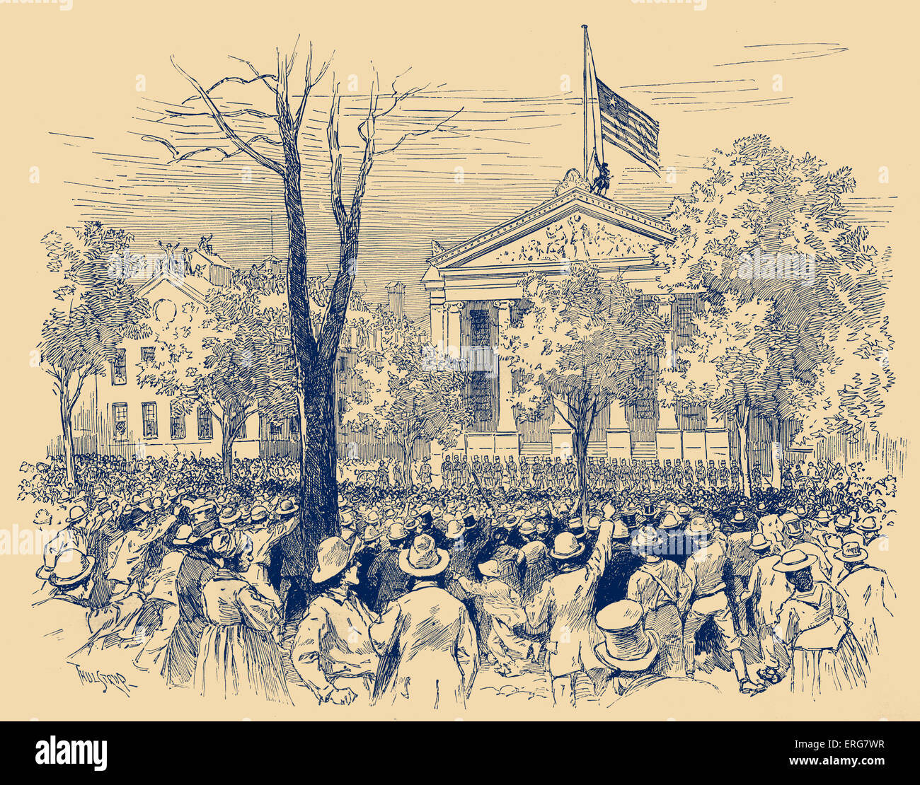 Occupazione di New Orleans, la Guerra Civile Americana, 1862. Forze dell'Unione tirando verso il basso la Louisiana State flag presso il Municipio. Foto Stock