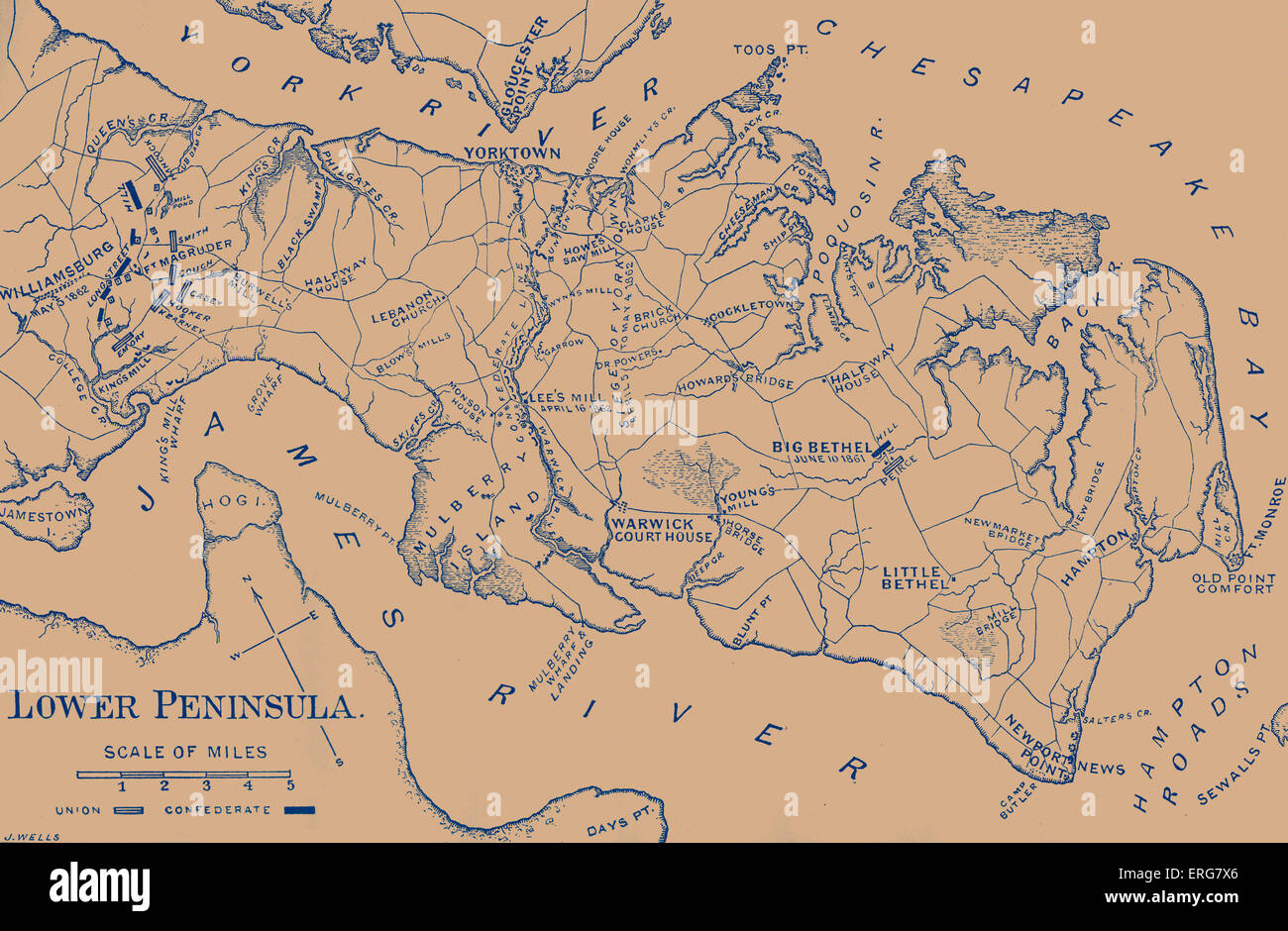 Battaglia di Big Bethel - mappa. 10 giugno 1861, la guerra civile americana la battaglia di Hampton e York County, Virginia, USA. È risultata in Foto Stock