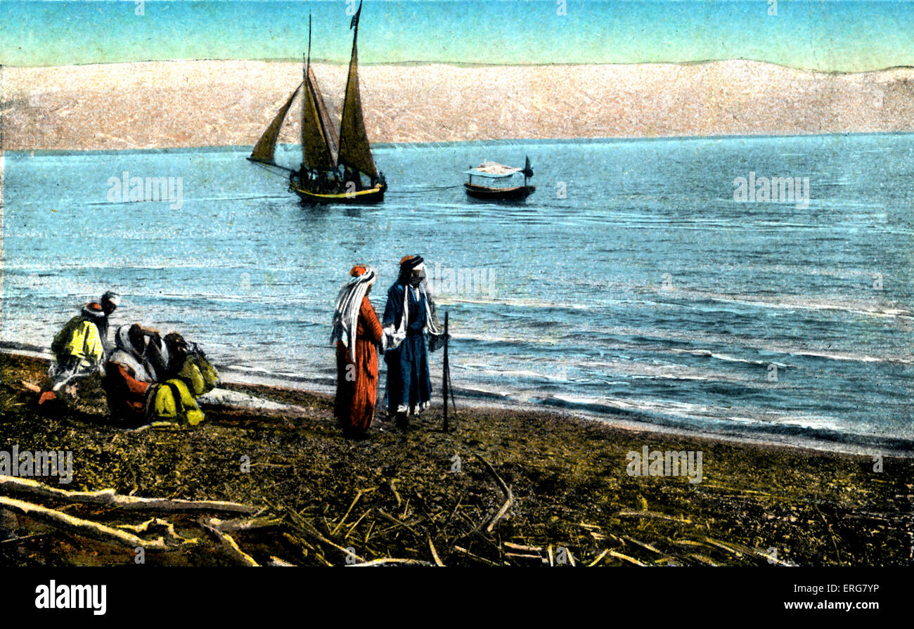 Il Mar Morto. Cartolina di inizio Novecento con singolo battello. Pubblicato da Il Cairo cartolina fiducia. Foto Stock