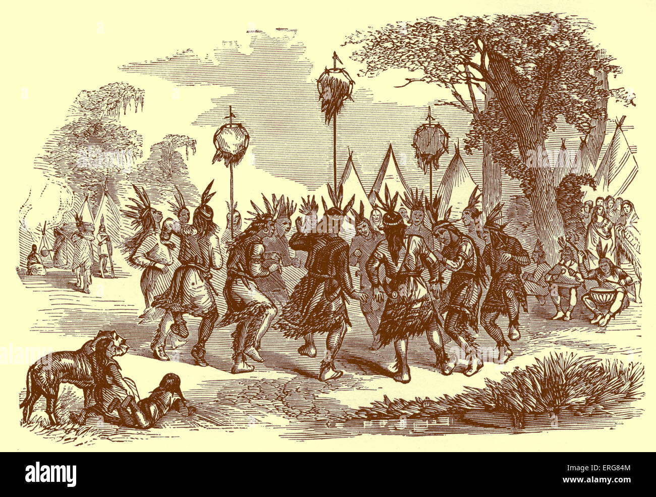 Nativi Americani di eseguire una danza del cuoio capelluto, pubblicato nel 1887. La Danza del cuoio capelluto è stata eseguita da guerrieri di tribù come i Foto Stock