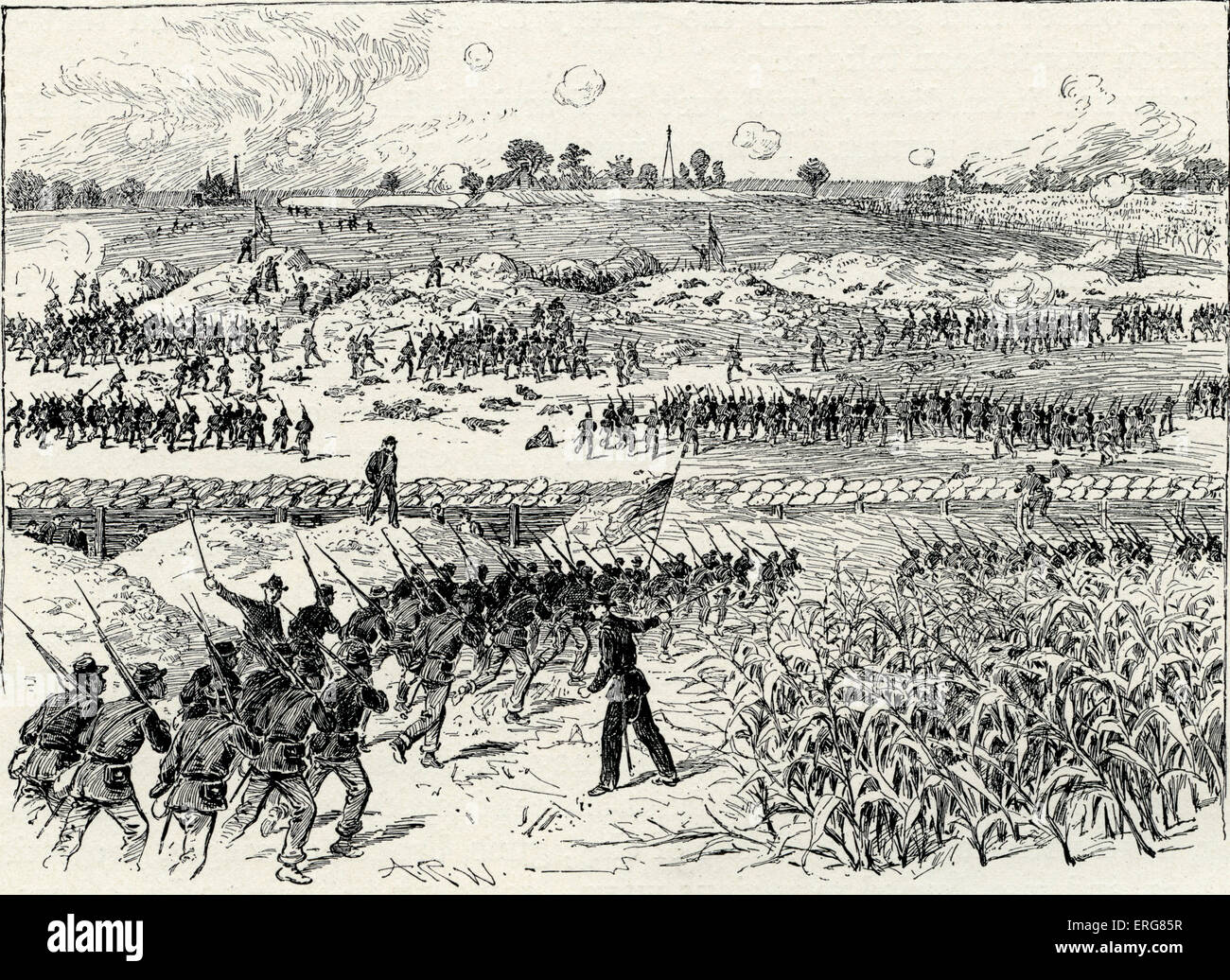 La battaglia del Cratere, Guerra civile americana - Battaglia di carica. Il 30 luglio 1864, durante l'assedio di Pietroburgo, Virgina. Combattute dall'esercito confederato della Virginia del Nord, comandato dal Generale Robert E. Lee e l'Unione esercito del Potomac, comandata dal maggiore generale George G. Meade. Foto Stock