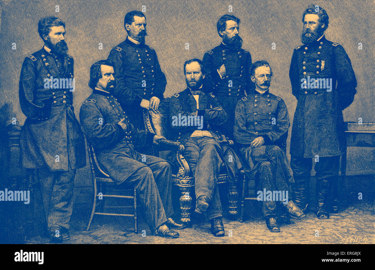 La guerra civile americana - Unione generali. Da sinistra: O.O. Howard, John Logan, W.M.B. Hazen, W.T.Sherman, Jeff C. Davis, Henry W. Foto Stock