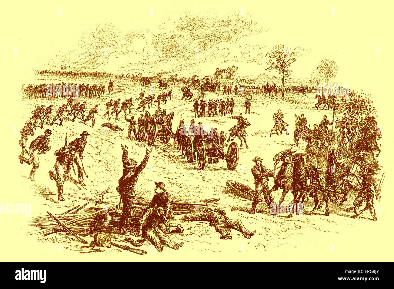 La guerra civile americana - catturando armi confederate dopo la battaglia di cinque forcelle in Virginia, 5 aprile 1865. Distruzione di un Foto Stock