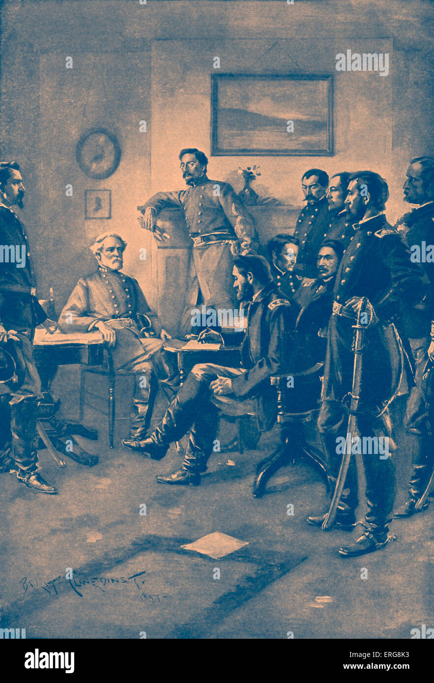 La guerra civile americana - Surrender at Appomattox Court House, 9 aprile 1865. Esercito confederato della Virginia del Nord comandante Robert Foto Stock