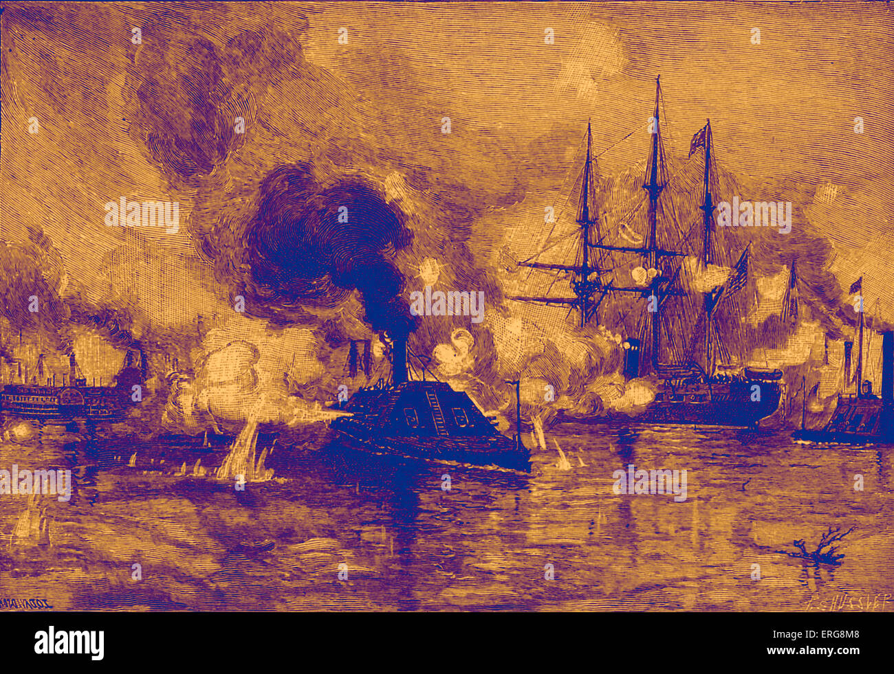 CSS Arkansas in esecuzione attraverso la flotta europea in Vicksburg il 15 luglio 1862, durante la Guerra Civile Americana, come illustrato da J O Foto Stock