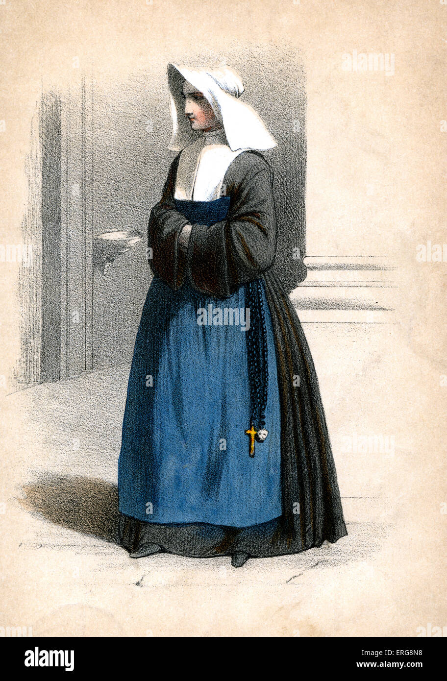 Soeur de charité: francese del XIX secolo nun. A partire dalla serie 'Parigi au XIX. Siècle', (mano- litografia colorata costume parigino Foto Stock