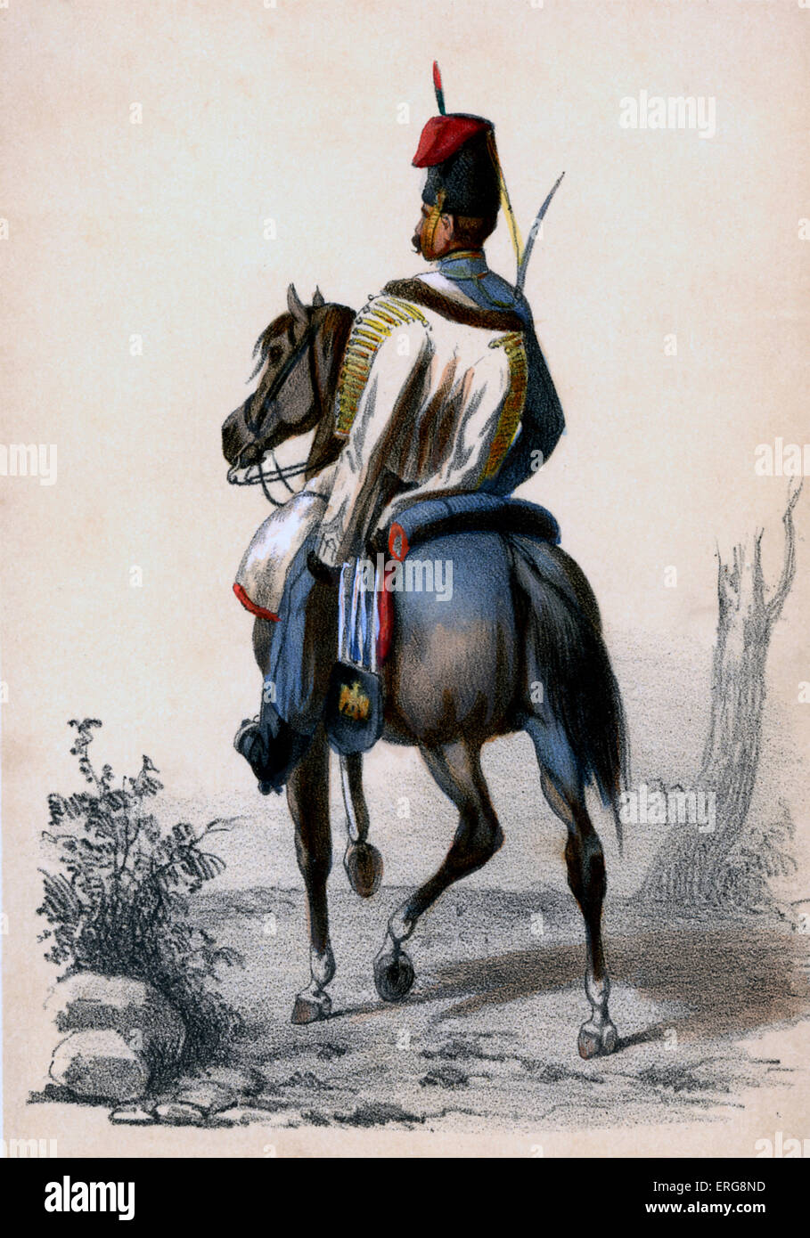 Hussard : un membro del XIX secolo soldati di cavalleria di luce dell'esercito francese - qui a cavallo. Ussari apparteneva a truppe élite con una colorata uniforme. A partire dalla serie 'Parigi au XIX. Siècle', (mano- litografia colorata parigino di piastre di costume, intensificato con gomma arabica) c.1855-56. Foto Stock