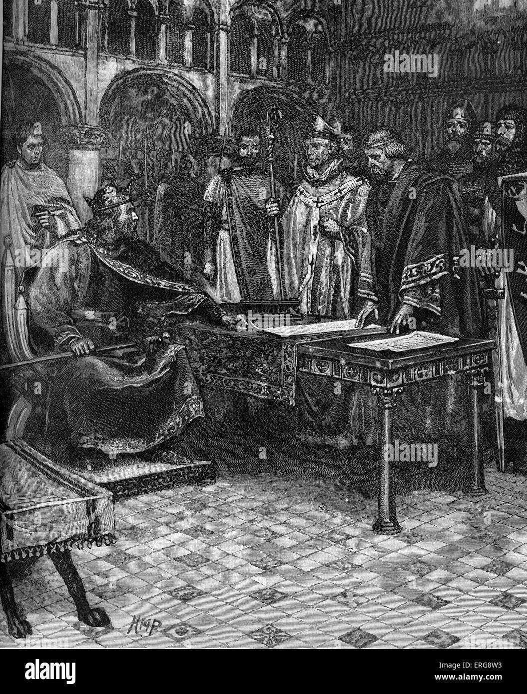 Il re Giovanni rifiuta di firmare la Magna Charta, 1215. Foto Stock