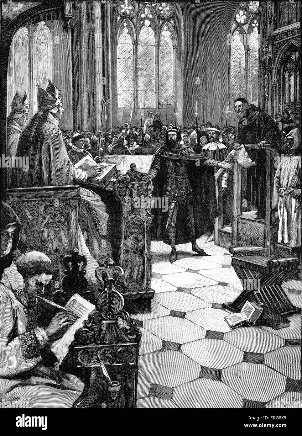 John Wycliffe 's eresia audizione alla St Paul 's cathedral, 3 febbraio 1377. Inglese teologo e sostenitore della riforma, Foto Stock
