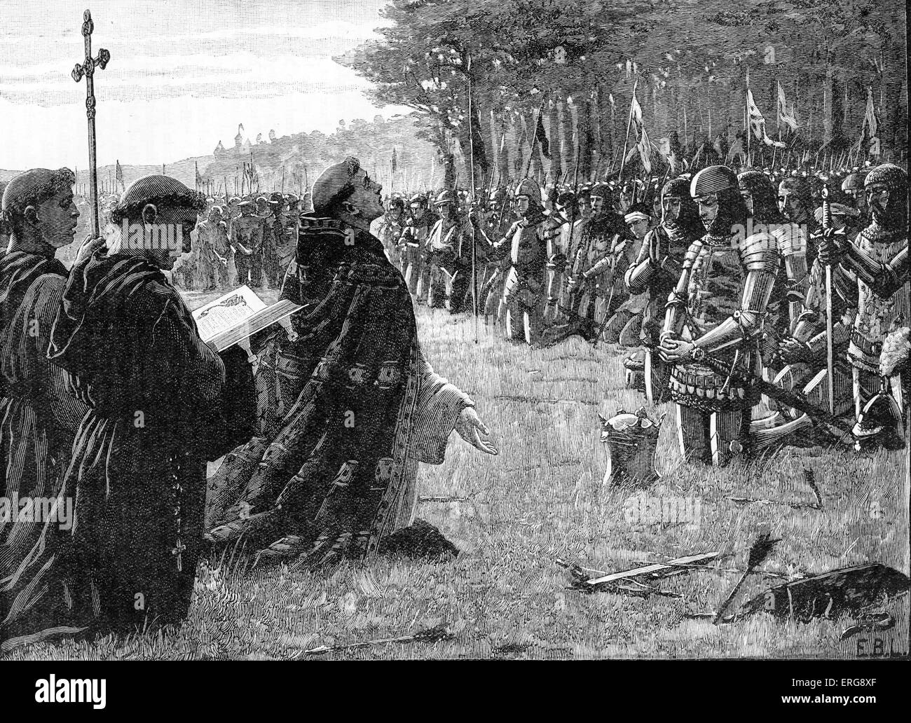 Rendimento di grazie il servizio sul campo di Agincourt (Francia), dopo la battaglia di Agincourt, Venerdì 25 ottobre 1415. Durante centinaia di Foto Stock