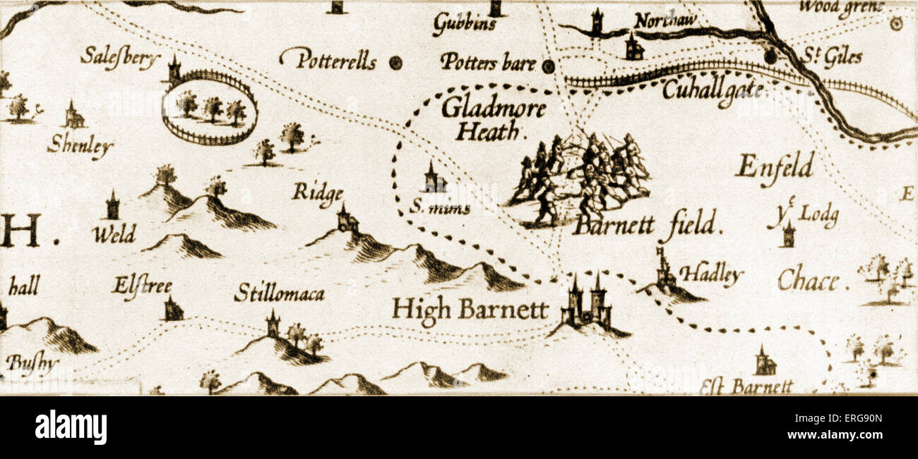 La battaglia di Barnet, 1471. Dettaglio di una mappa di Hertfordshire, probabilmente da H. Woutneel, c. 1602. La battaglia di Barnet fu una Foto Stock
