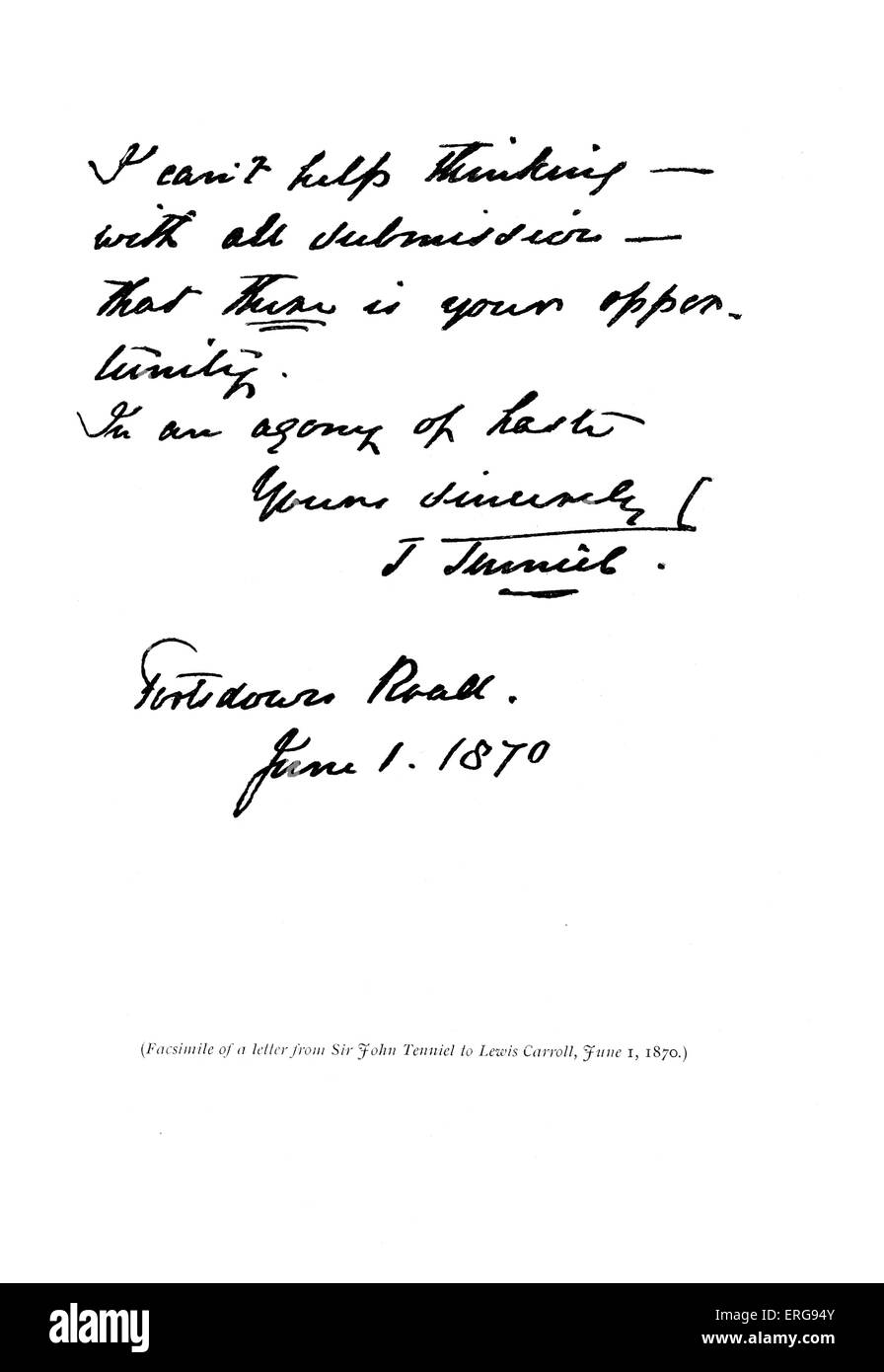 John Tenniel 's lettera a Lewis Carroll, 1 giugno 1870. Con la descrizione della sua illustrazione idee per Alice attraverso la ricerca Foto Stock