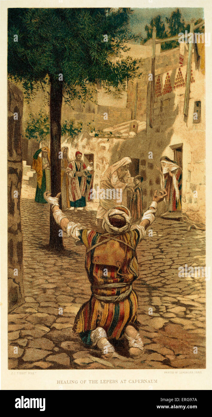 La guarigione dei lebbrosi a Cafarnao - San Marco , Capitolo 1. Illustrato da J James Tissot. Pittore Francese 15 Ottobre 1836 - 8 Foto Stock