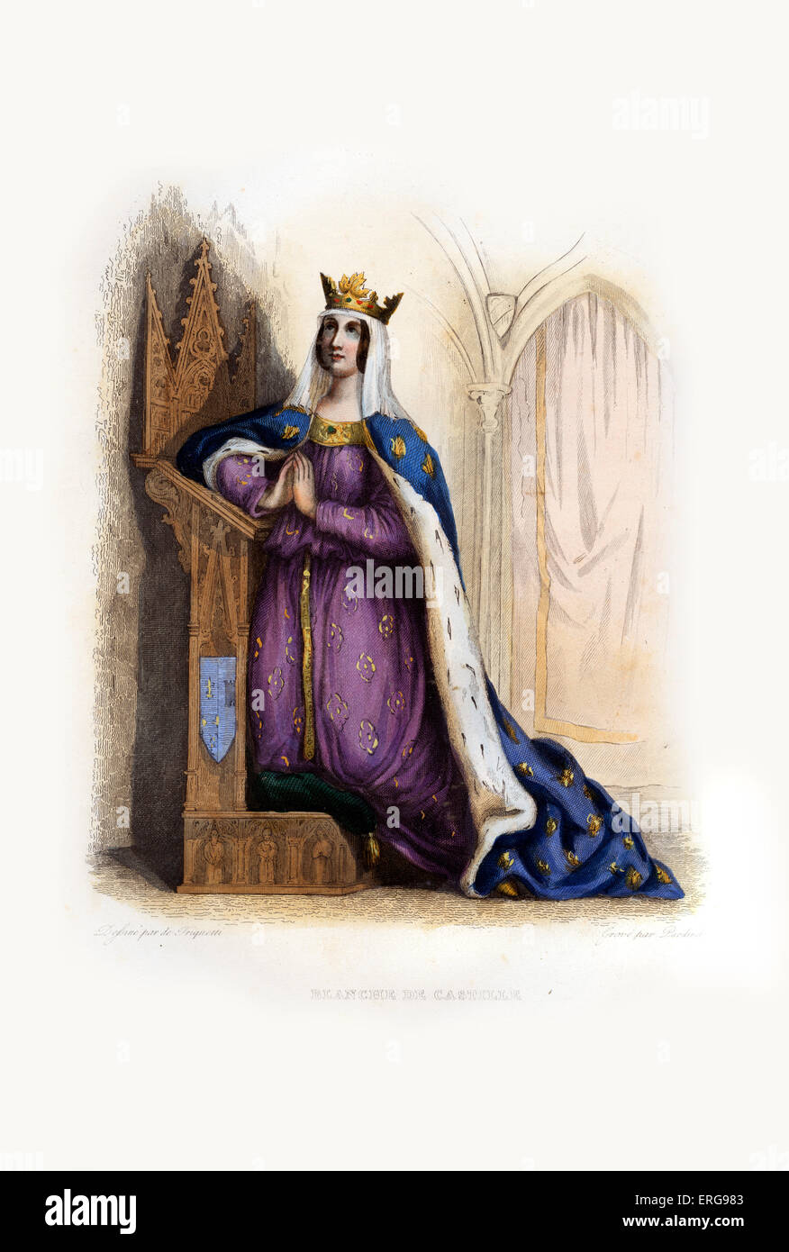 Bianca di Castiglia. Regina consorte della Francia come la moglie di Luigi VIII. 1188-1252. Incisione di Pardind, c.1844. Foto Stock