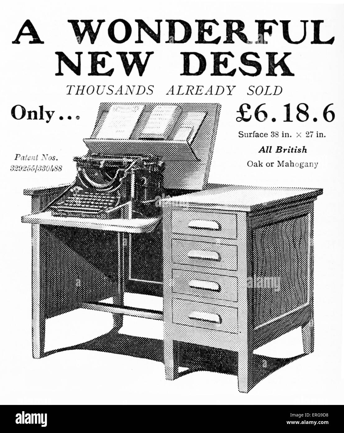'Secrytype' desk da OSDA Ltd - Annuncio (inglese). 1932. Con la piattaforma per i nastri inchiostratori per macchine da scrivere. Foto Stock