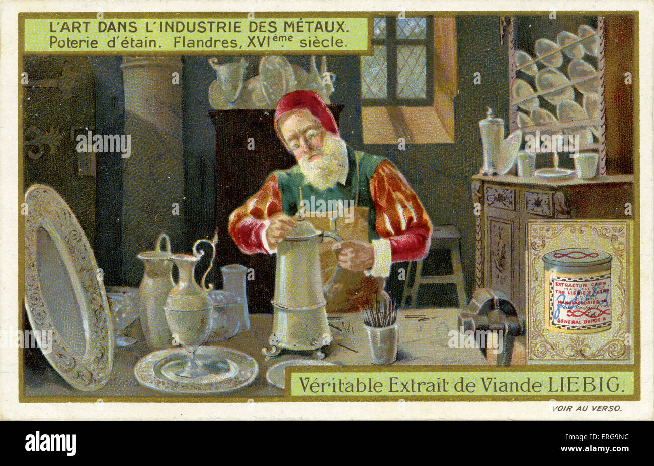 Peltro utensili maker, XVI secolo Flandres / Fiandre. Da Liebig serie: L'arte dans l'Industrie des métaux. 1910, No 4. Foto Stock