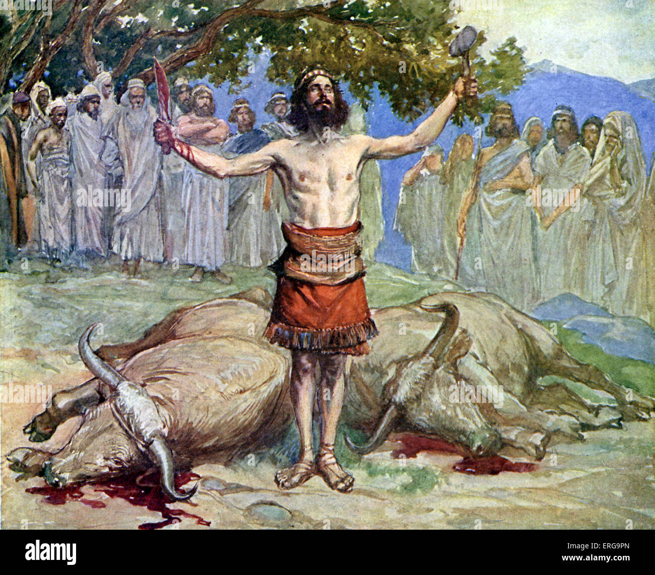 Saul sacrifici di buoi da J James Tissot. Illustrazione per il libro di Samuele (MI), 6.7: "egli prese un paio di buoi, li tagliò a pezzi e li mandò in tutto il territorio di Israele per mezzo di messaggeri, dicendo: "Chiunque esce dietro Saul e dietro Samuele, la stessa cosa avverrà dei suoi buoi.' JJT: pittore francese, 15 Ottobre 1836 - 8 agosto 1902. Foto Stock