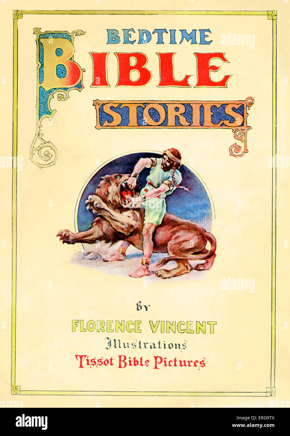 Andare a dormire le storie della Bibbia da Firenze Vincent, con illustrazioni dopo J James Tissot. Coperchio anteriore, con immagine di Daniel che combatte contro un leone. Il Vecchio Testamento.JJT: pittore francese, 1936- 1902. Foto Stock