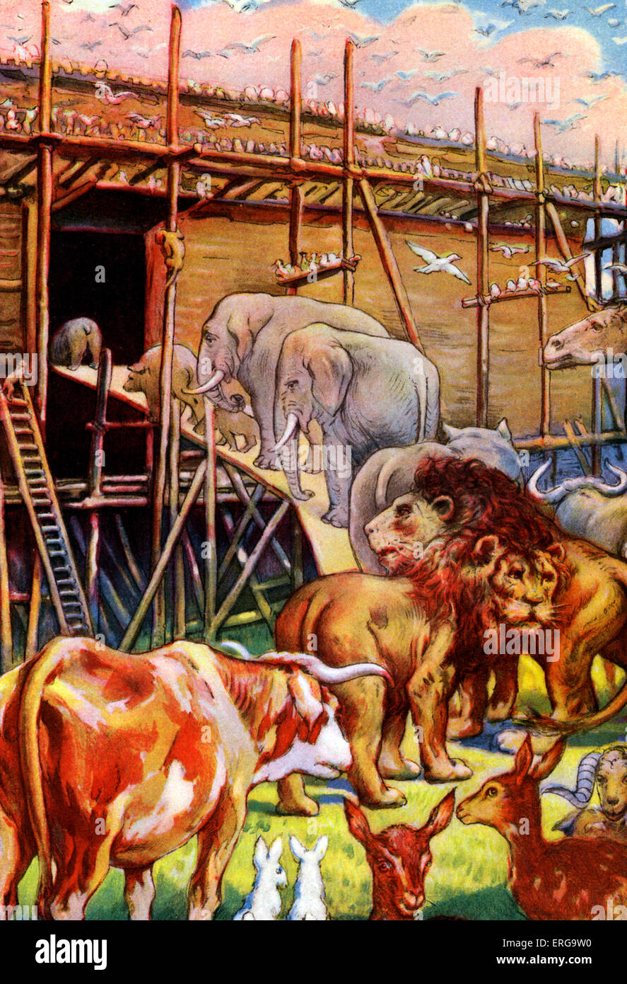 Animali andando su l'arca - illustrazione dopo J J Tissot. Scheda di animali di Noè 's arca a due a due. Il Vecchio Testamento, libro di Foto Stock